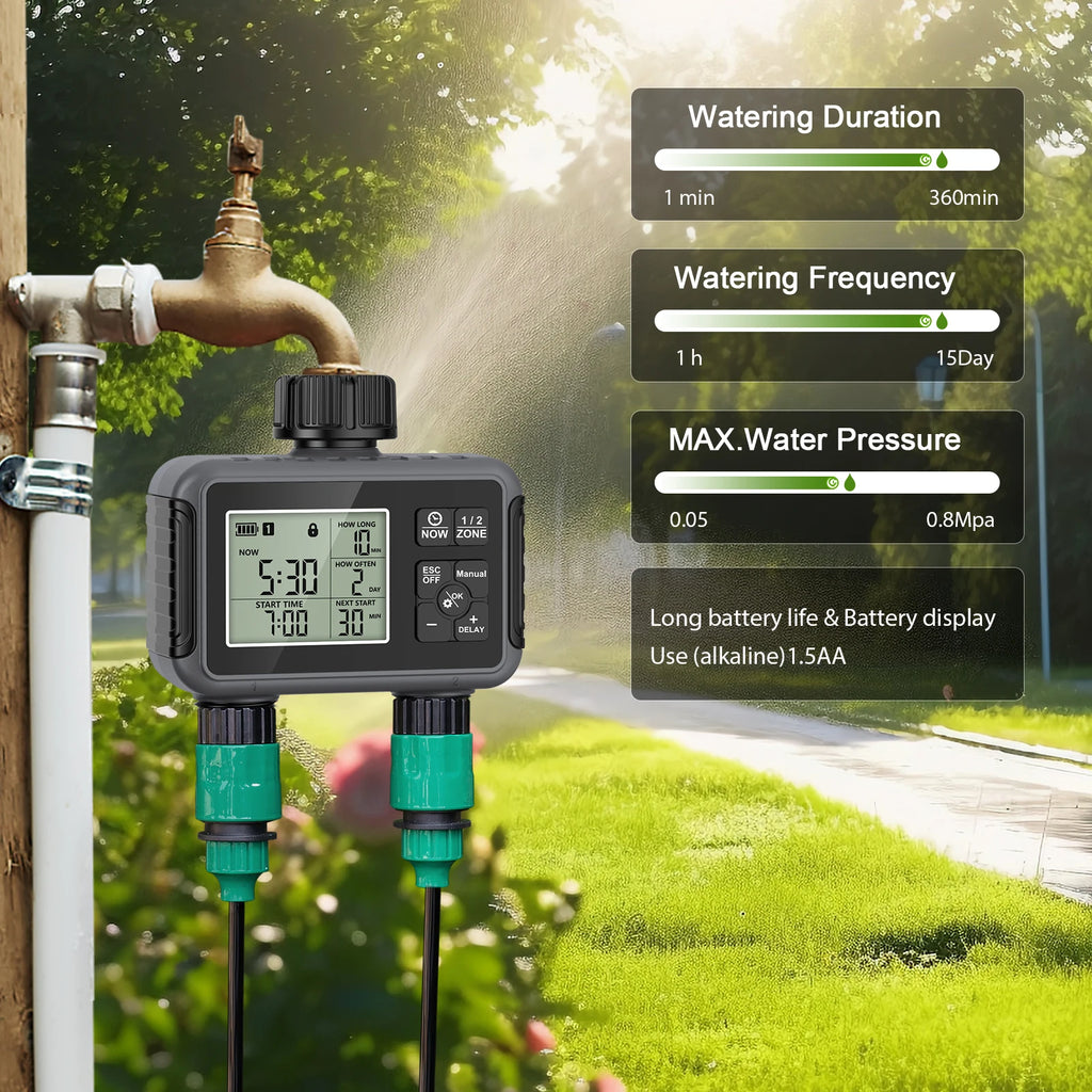 Dual Zone Independent Smart LCD Display Garden Watering Timer Atomization Spray Kit Mist Cooling System Irrigation Controller