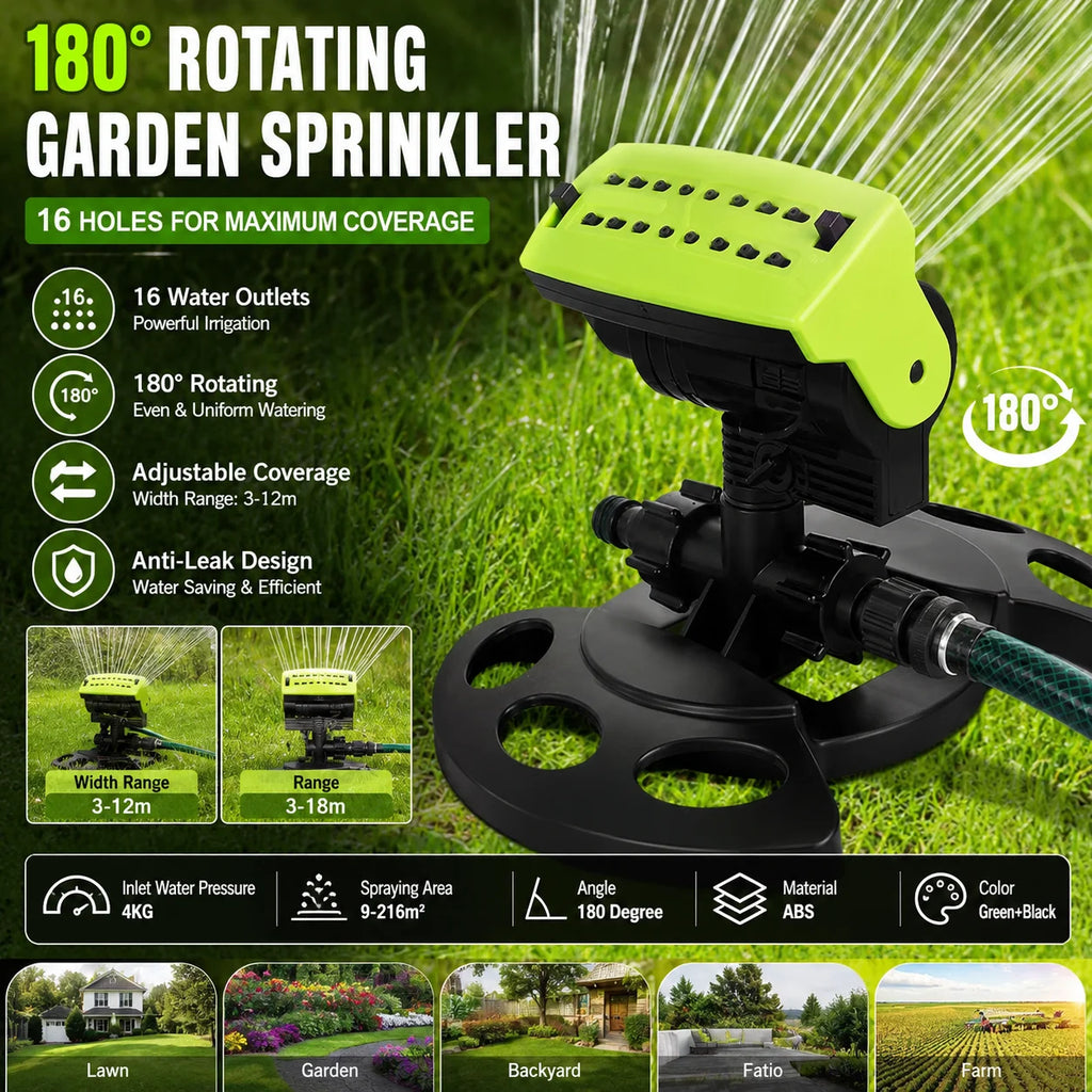 16 Hole 180° Rotating Garden Sprinkler Lawn Irrigation Water Sprayer Adjustable Coverage Patio Yard Watering