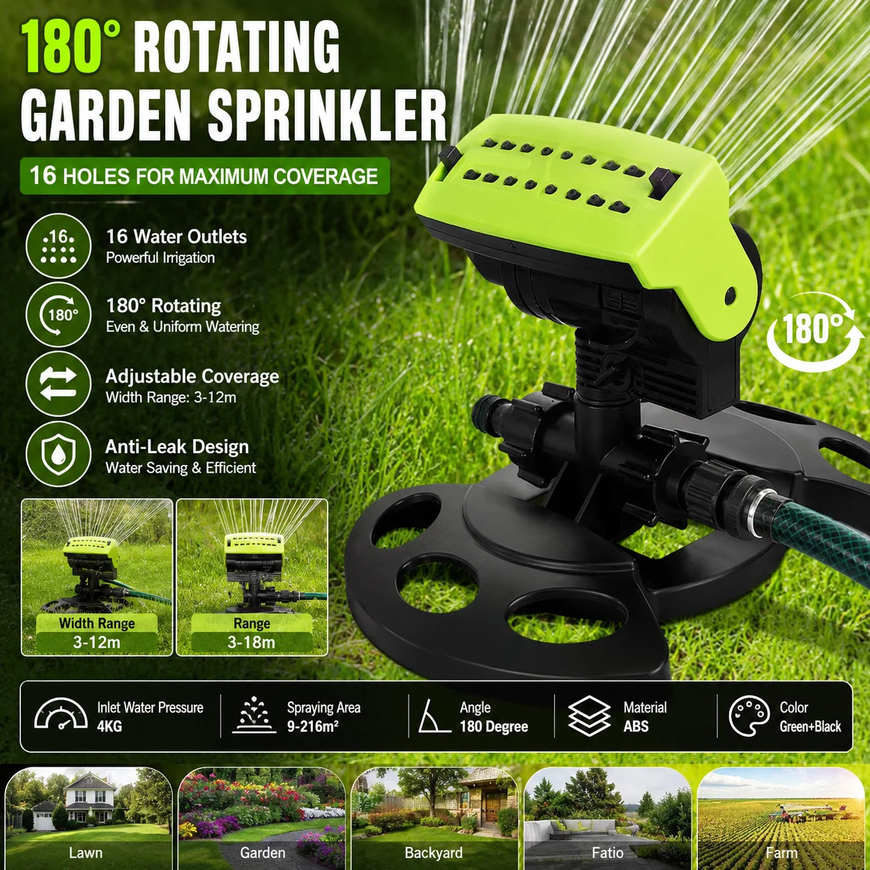 16 Hole 180° Rotating Garden Sprinkler Lawn Irrigation Water Sprayer Adjustable Coverage Patio Yard Watering