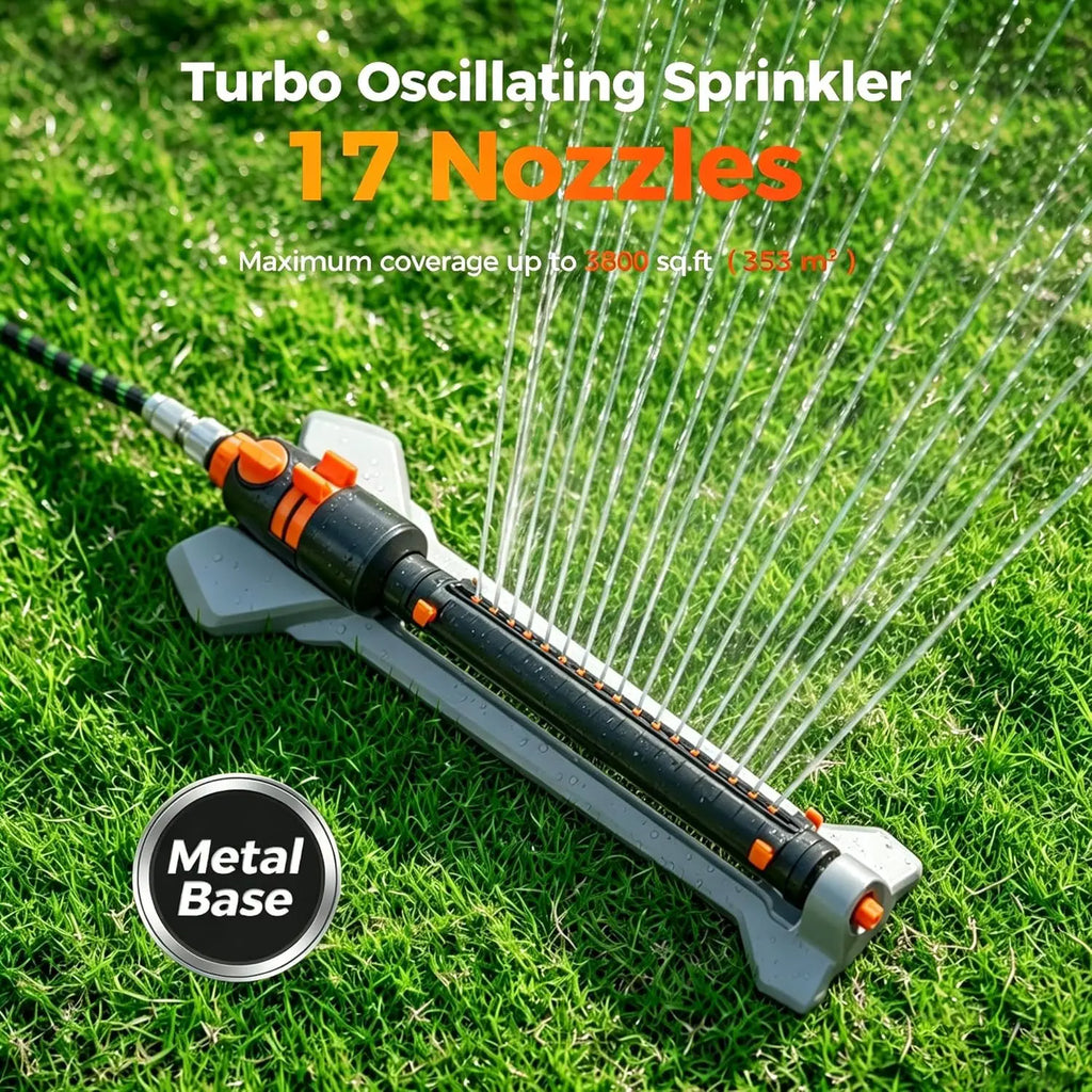Turbo Oscillating Water Sprinkler 17 Nozzles Heavy Duty Metal Base Built-in Filter Adjustable Width/Range/Flow Rate