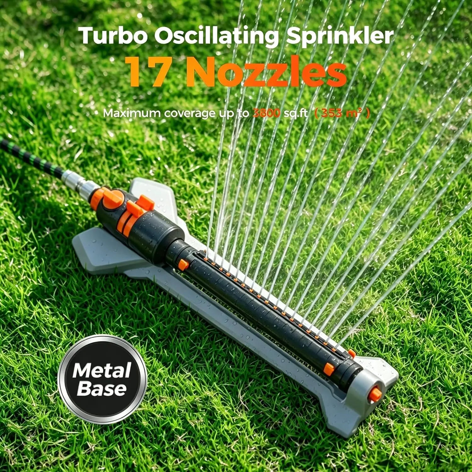 Turbo Oscillating Water Sprinkler 17 Nozzles Heavy Duty Metal Base Built-in Filter Adjustable Width/Range/Flow Rate