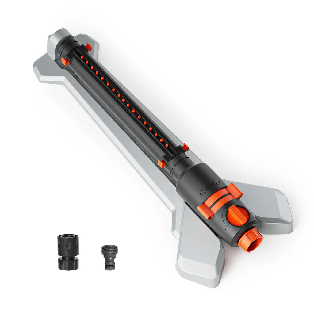 Turbo Oscillating Water Sprinkler 17 Nozzles Heavy Duty Metal Base Built-in Filter Adjustable Width/Range/Flow Rate