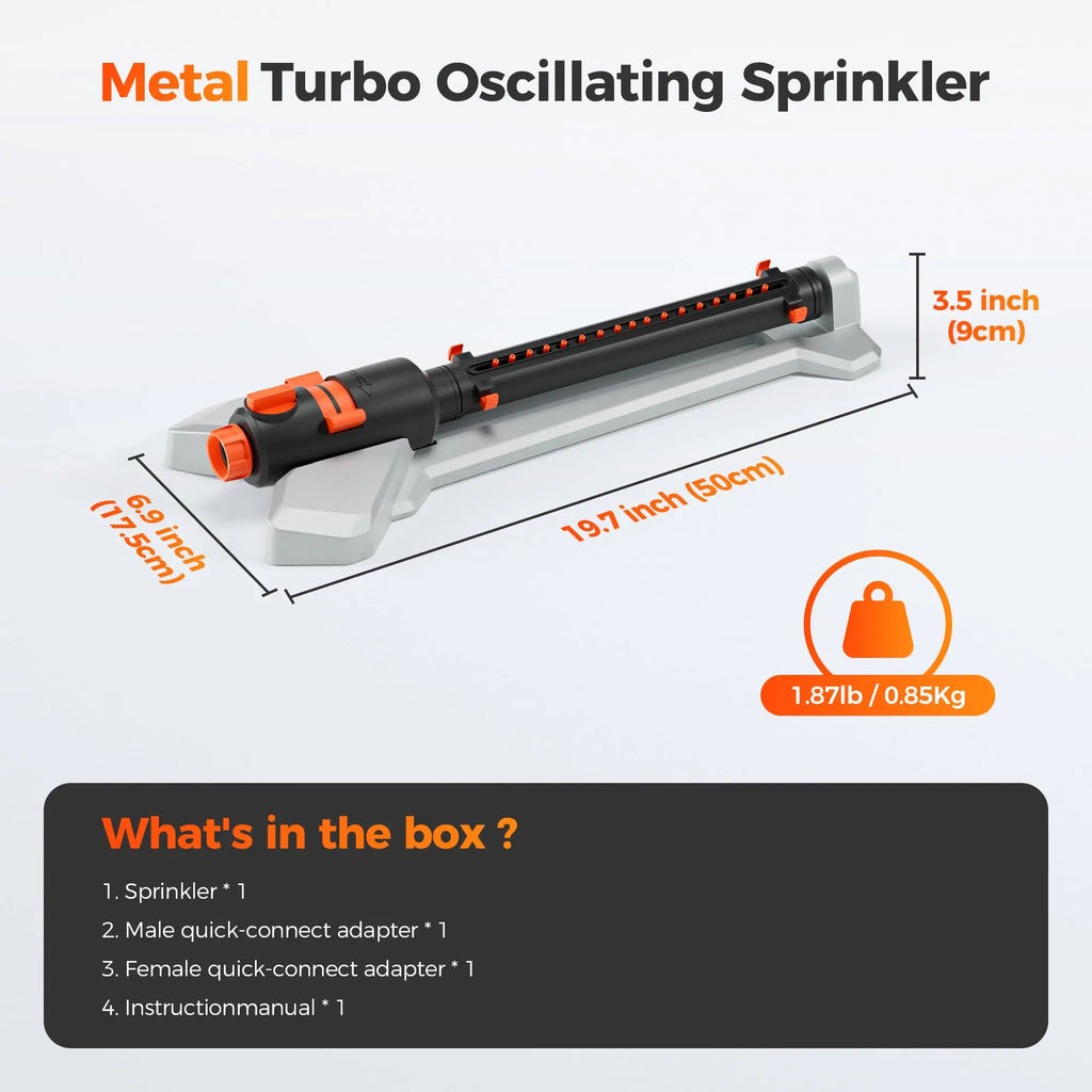 Turbo Oscillating Water Sprinkler 17 Nozzles Heavy Duty Metal Base Built-in Filter Adjustable Width/Range/Flow Rate